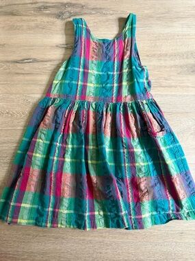 Vintage Charter Club Girls Plaid Sleeveless Dress in Teal, Pink and Yellow